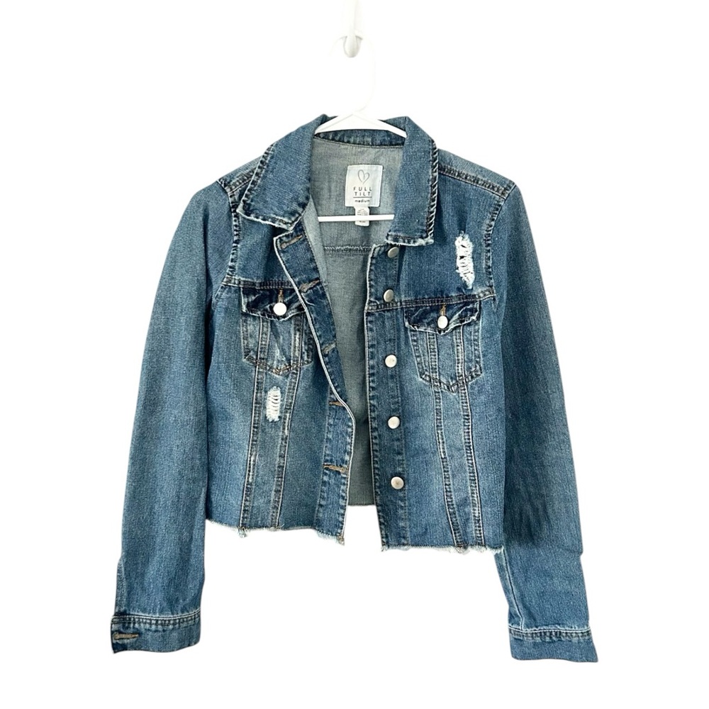 Full Tilt Distressed Cropped Jean‎ Denim Raw Hem Jacket